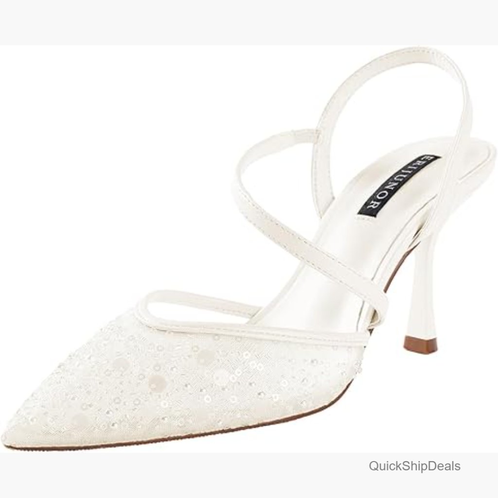 Lace Mesh Slingback Wedding Pumps With Pearl Beading Kitten Heels